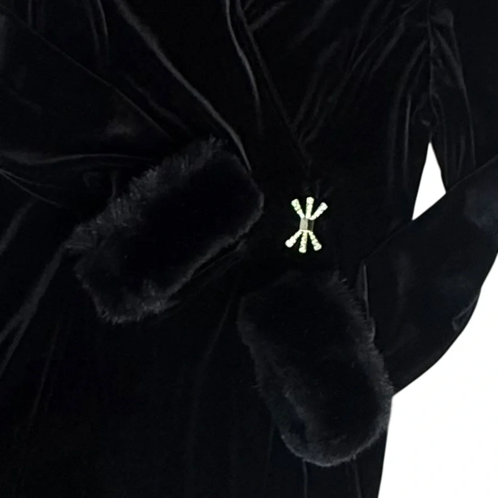Vintage Joseph Ribkoff Black Velvet Faux Fur Cuffs Rhinestone Accent Gown Large - Picture 6 of 15